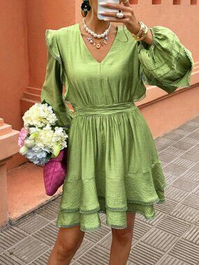 Green Boho Women's Ruffle Layered A-Line Dress